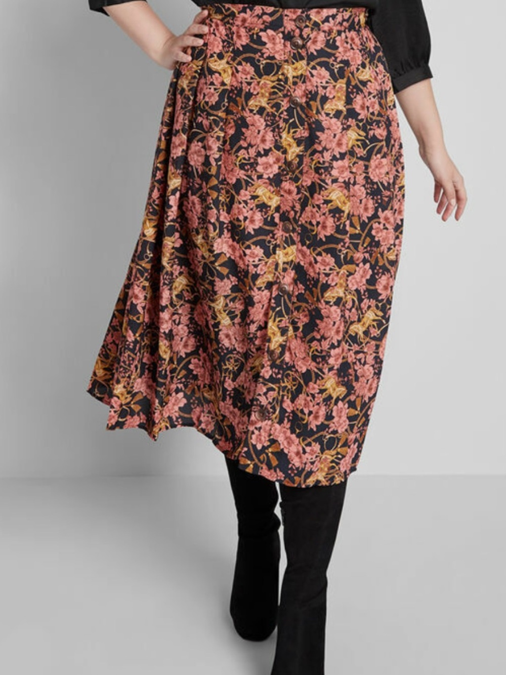 Modcloth Black Midi Skirt with Pink & Gold Floral Print
